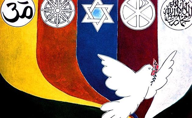 Pax-Christi (katholische Friedensbewegung)-Plakat. Die Embleme stehen f?r die Weltreligionen. V. li.: Hinduismus, Buddhismus, Judentum, Christentum, Islam. Die Friedenstaube (Picasso?) ist ?ber ihre globale Symbolik hinaus spezifisches Zeichen von Pa