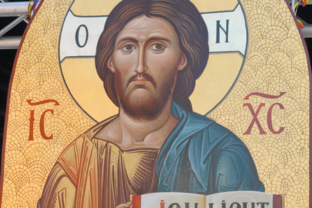 Ikone des Christus Pantokrator, an der rum.-orth. Kirche in Simmering