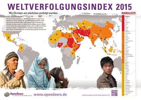 Der Weltverfolgungsindex des Hilfswerks 'Open Doors' ist eine Rangliste von 50 Ländern, die anzeigt, wo Christen wegen ihres Glaubens am stärksten verfolgt und diskriminiert werden. 2015 steht Nordkorea bereits zum 13. Mal auf dem ersten Platz, es fo