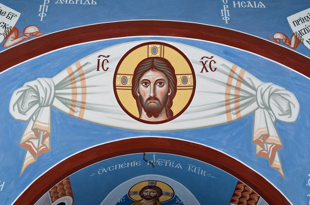 Christusikone - Mandylion / Acheiropoieton, Wandmalerei in der russisch-orthodoxen Kathedrale