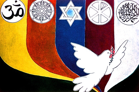 Pax-Christi (katholische Friedensbewegung)-Plakat. Die Embleme stehen f?r die Weltreligionen. V. li.: Hinduismus, Buddhismus, Judentum, Christentum, Islam. Die Friedenstaube (Picasso?) ist ?ber ihre globale Symbolik hinaus spezifisches Zeichen von Pa