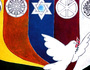 Pax-Christi (katholische Friedensbewegung)-Plakat. Die Embleme stehen f