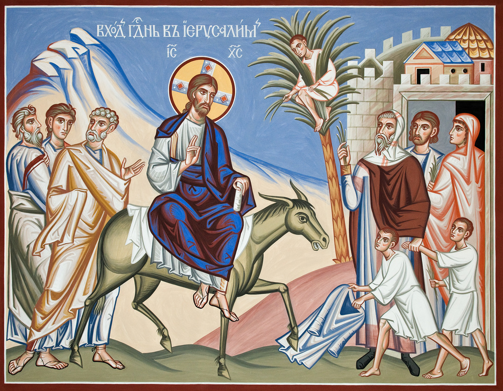 Einzug in Jerusalem - Palmsonntag, Jesus reitet auf einem Esel; Ikone, Wandmalerei in der russisch-orthodoxen Kathedrale; Zach?us