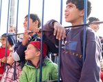 Flüchtlingskinder blicken durch einen Zaun im kroatischen Transit-Camp Slavonski Brod. Freiwillige Helfer haben sich als Clowns verkleidet und versuchen, die Kinder zum Lachen zu bringen.