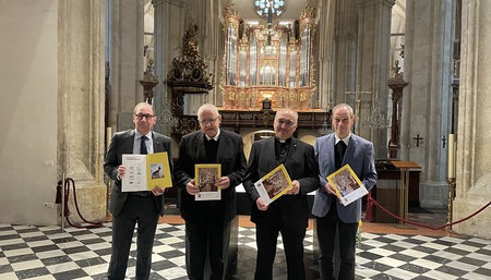 Pressetermin am 21. November 2023 in Graz - v.l. Kuratoriumsvorsitzender Martin Schaller, Dompropst em. Heinrich Schnuderl, Diözesanbischof Wilhelm Krautwaschl, Dompfarrer Ewald Priestavec