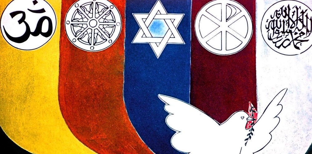 Friedensbewegung / kathbild.at/Rupprecht, Franz Josef Rupprecht Pax-Christi (katholische Friedensbewegung)-Plakat. Die Embleme stehen f?r die Weltreligionen. V. li.: Hinduismus, Buddhismus, Judentum, Christentum, Islam. Die Friedenstaube (Picasso?) ist ?ber ihre globale Symbolik hinaus spezifisches Zeichen von Pa