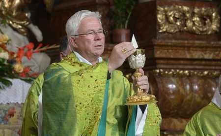 Franz Lackner; gr?ner Papstornat; 'Seht das Lamm Gottes ...'; Kelch und gebrochene Hostie