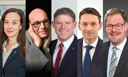 Kandidaten zur Wahl des/der Superintendent:in in Niederösterreich: (v.l.) Alexandra Battenberg, Markus Fellinger, Markus Lintner, Michael Simmer und Daniel Vögele.