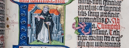 Initiale aus dem sogenannten Heuner-Missale (angefertigt 1476/1477), die unseren Ordensgründer wahrscheinlich vor der alten gotischen Wiener Dominikanerkirche darstellt.