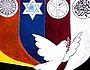Pax-Christi (katholische Friedensbewegung)-Plakat. Die Embleme stehen f