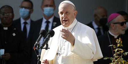 Papst Franziskus spricht bei dem Besuch des Bethlehem-Zentrums in Bratislava (Slowakei) am 13. September 2021.