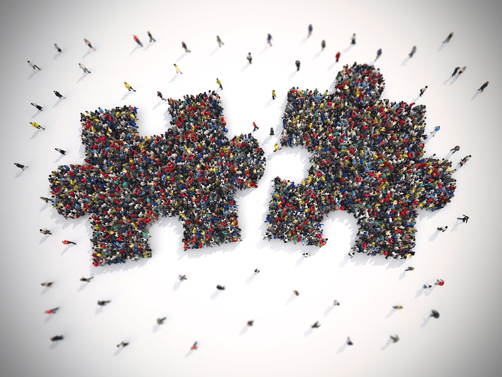 3D Rendering of people united form two pieces of puzzle