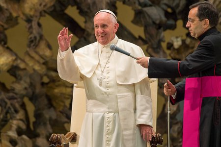Papst Franziskus winkt bei der Begrüßung zur Generalaudienz am 5. August 2015.