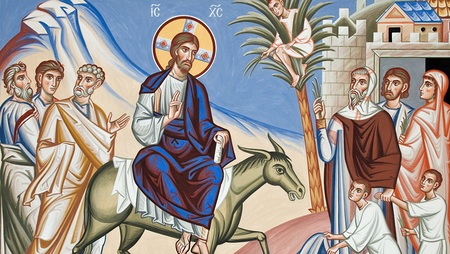 Einzug in Jerusalem - Palmsonntag, Jesus reitet auf einem Esel; Ikone, Wandmalerei in der russisch-orthodoxen Kathedrale; Zach?us