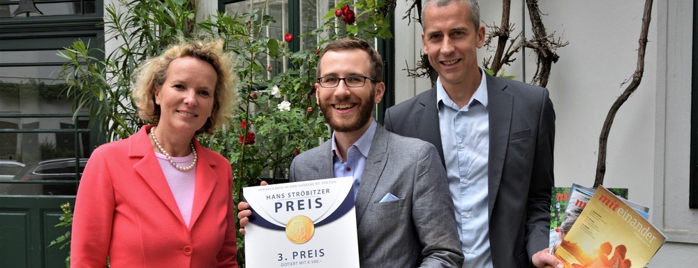v.l.: NÖN-Herausgeberin Gudula Walterskirchen, Preisträger Daniel Seper, 'miteinander'-Chefredakteur Henning Klingen