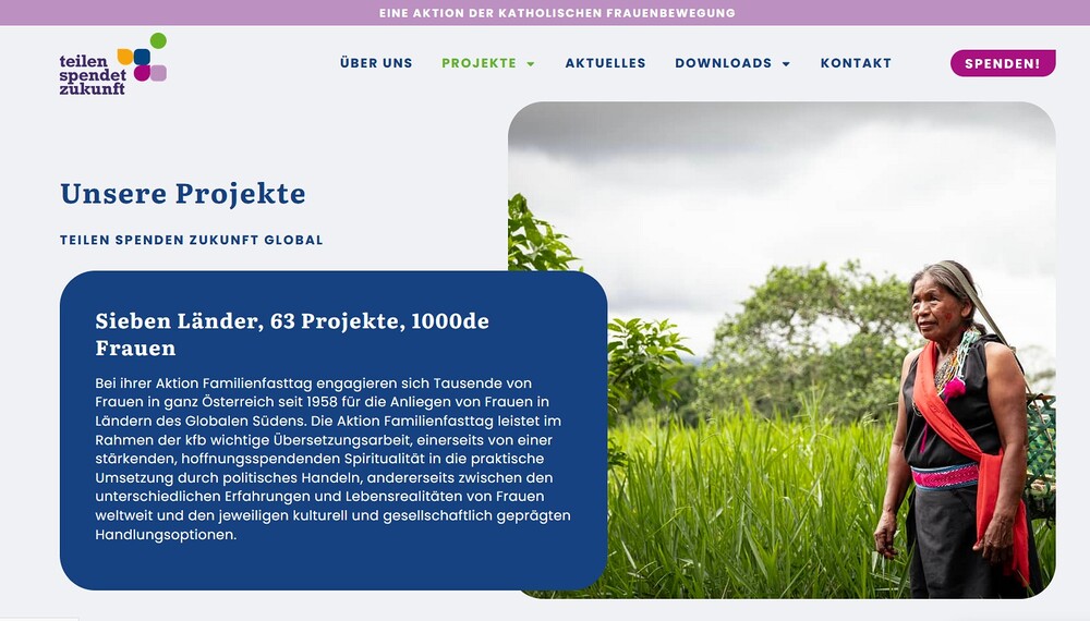 Screenshot der Startseite der euen Website www.teilen.at / Kath. Frauenbewegung Katholische Frauenbewegung gestaltet Website www.teilen.at neu