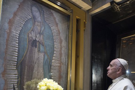 Papst Franziskus betet vor dem Originalbild der Jungfrau von Guadalupe in Mexiko-Stadt am 13. Februar 2016. Das Marienbild wurde gedreht, damit Franziskus alleine in dem kleinen Raum hinter dem Hauptaltar beten kann.