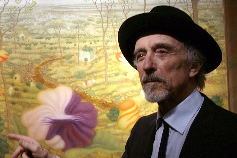 Arik Brauer at the opening of the exhibition 'Arik Brauer und die Bibel' in Vienna in front of his painting 'Elginat Egos'.