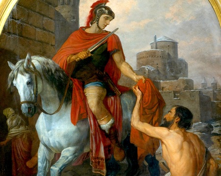 Der hl. Martin von Tours teilt seinen Mantel mit einem Bettler.     Wien, Aspern, 27.1.2006         ? Franz Josef Rupprecht; A-7123 M?nchhof; Bank: Raiffeisenbank M?nchhof (BLZ: 33054), Konto.-Nr.: 17.608 