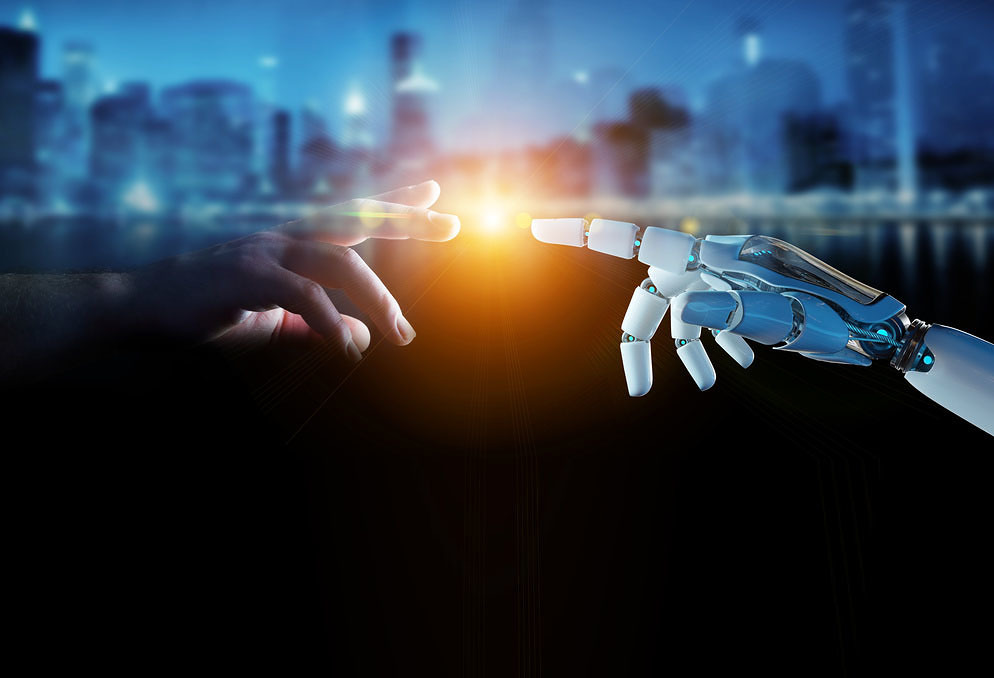 White cyborg finger about to touch human finger 3D rendering