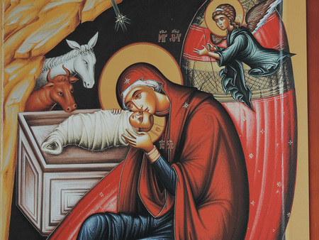 Ikone Weihnachten / Geburt Christi, die Gottesmutter Maria liebkost das Jesuskind