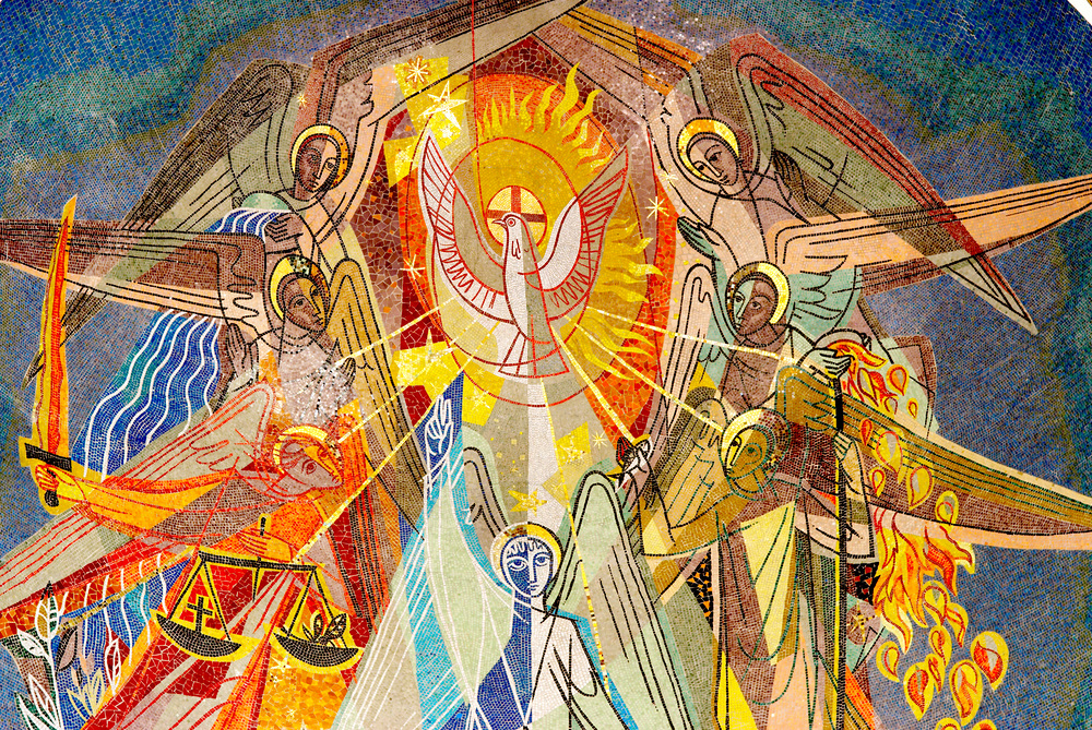 'Gottes Geist inmitten der sieben heiligen Engel vor Gottes Thron'. Apsismosaik St. Gabriel.                          
