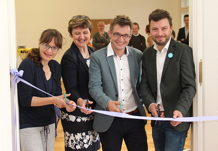 v.l.: Landtagabgeordnete Martina Berthold, Seelsorgeamtsleiterin Lucia Greiner, Start-up-Verantwortlicher Dominik Elmer und Start-up-Beauftragter Lorenz Maschke von der Wirtschaftskammer