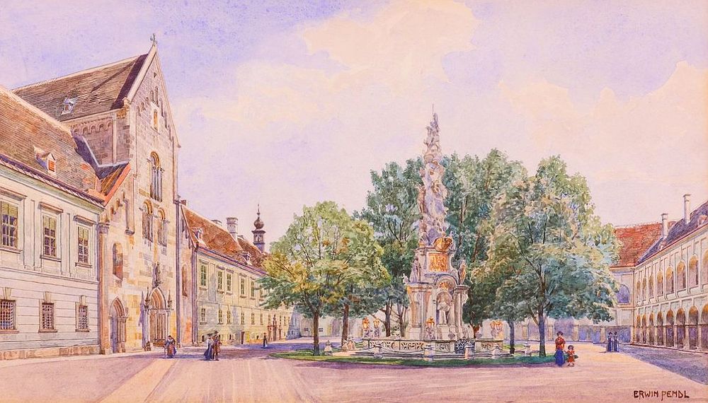 Stift Heiligenkreuz: Der innere Stiftshof mit Pestsäule / Erwin Pendl (1909) Digitalisierte Heiligenkreuzer Kunstsammlung im 'Kulturpool'