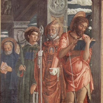 Johannes mit Gregor dem Großen, Laurentius von Rom und Benedikt von Nursia (von rechts) auf einem Bild von Andrea Mantegna (1459)