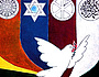 Pax-Christi (katholische Friedensbewegung)-Plakat. Die Embleme stehen f