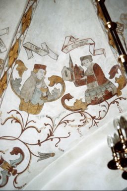 Wandmalerei: Kjeld von Viborg und Thöger, 1522, in der alten Kirche in Skive / http://www.katolsk.no/biografi/toger.htm