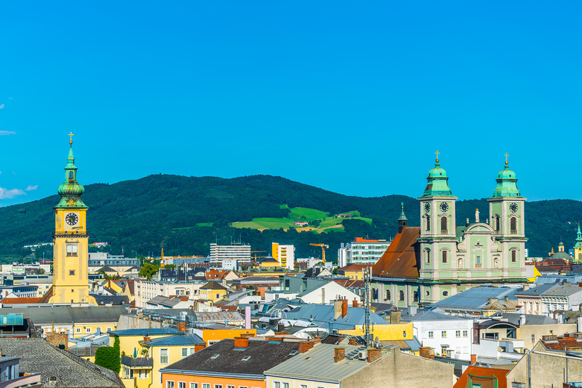 Aerial view of the Austrian city Linz from the Schlossmuseum.